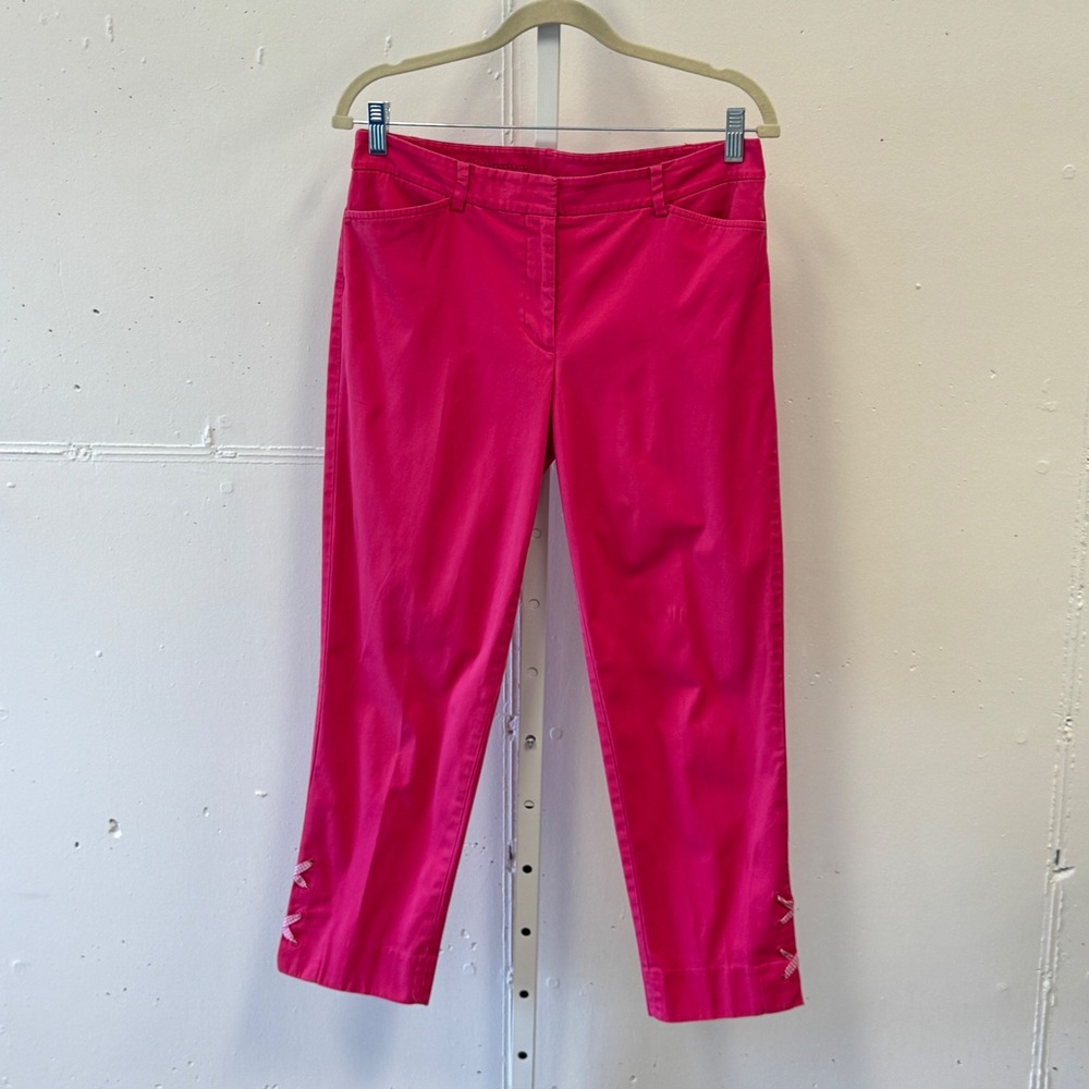 Talbots Perfect Crop Pants Hot Pink Gingham Lace Up Hem Size 6 Cotton Blend